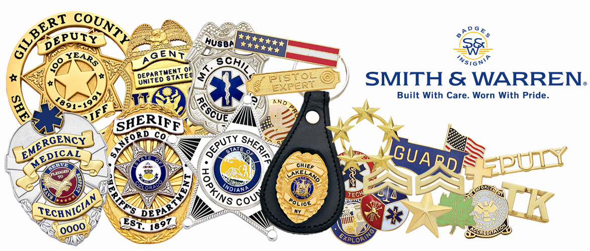 Smith & Warren custom police badges, leather badge wallets, police insignia, police badges, police badges keychains